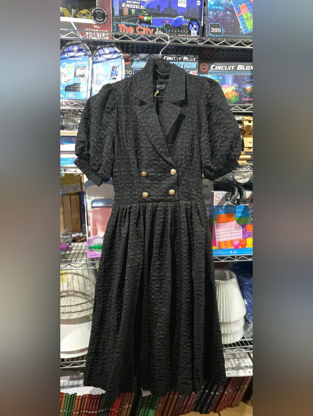 NWT S Free Market Elegant Black Textured Puff-Sleeve Dress with Gold Buttons